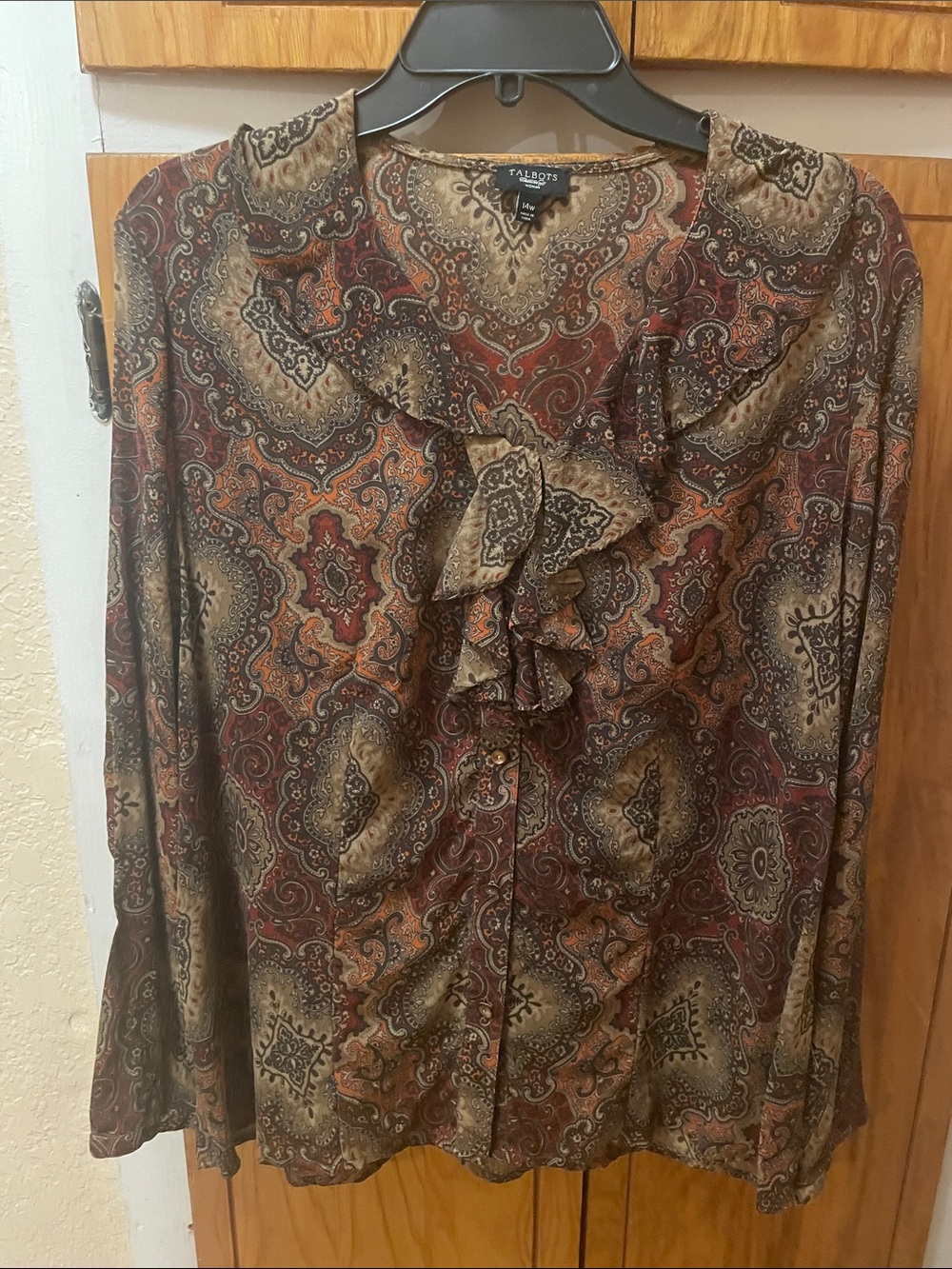 Talbots Paisley Ruffle-Front Blouse in Brown and Rust